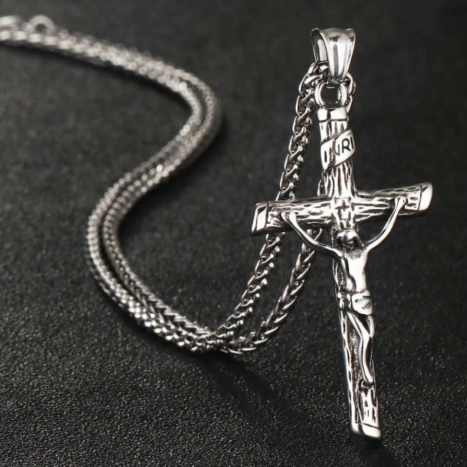 Hot Cross INRI Crucifix Jesus Piece Pendant & Necklace Set - Stainless Steel, Gold Or Silver, Men's Chain