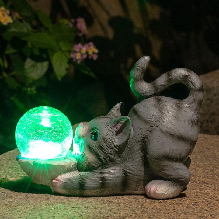 HUYIENO Patung Taman Suria Luaran Lampu Hiasan Kucing Hiasan Taman Kalis Air dengan Lampu Bola Solar Retak  Pemindahan Rumah untuk Halaman, Teras, Rumput