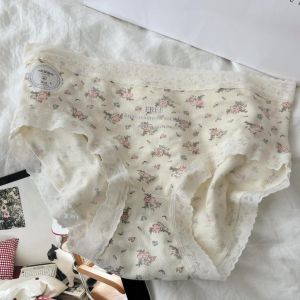 French Floral Cotton Panties Seamless Antibacterial Mid Waist Panty Lace Breathable ​​Women Underwear​​純棉內褲女