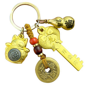 已开光 招财 招财猫黄铜转运钥匙扣十二生肖开金库汽车钥匙链男女纯铜葫芦礼物 Brass Fortune Cat Keychain Open Vault Pure Copper Fortune Pendant Men and Women Carry Key Chain Car Pendant Gift