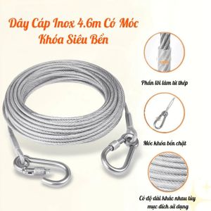Dây Cáp Inox 4.6M Có Khóa Carabiner 2 Đầu | Dây Thép Bọc PVC 5mm Treo Đèn Căng Rèm Sân Vườn