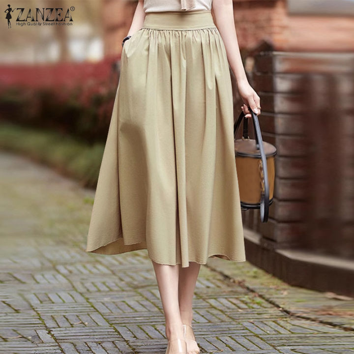 ZANZEA Korean Style Women's Skirts Office Formal Back Zipper Side Pockets  Elastic Waist Midi A-Line Overskirts #11 Lazada PH