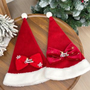 2PCS Thickened Soft Plush Large Bow Santa Claus Hat Caps Merry Christmas Hats for Women Adults Thickened New Year Party Decor Gif