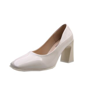 [Free Shipping] Autumn Low-Top WomenS Shoes Square-Toe High Heels Patent Leather Slip-On Princess Style Korean Version Solid Color Retro