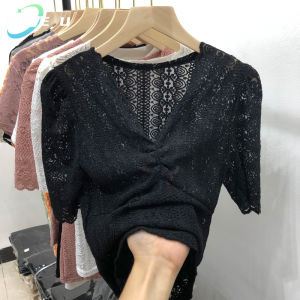 HAVE U White V-neck Lace Shir for Women Bubble Sleeve Mesh Shirt Fashion Blouse