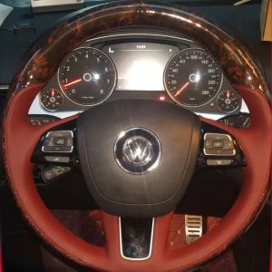 Kaly For Volkswagen VW Touareg 2011-2023 Hand Stitched non-slip wine red Genuine Leather Peach Wood Grain car Steering Wheel Cover 4Y1Z7