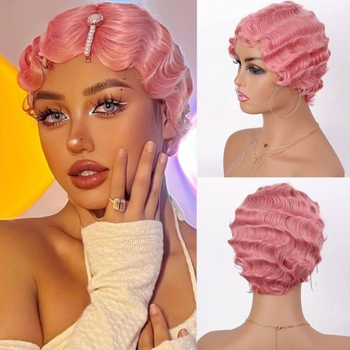 PUREGLOW Curly Wigs Finger Wave Synthetic Wig Lady Nuna Wig 1920s