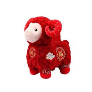 BEAUTYLADIES Standing Zodiac Sheep Plush Embroidered Soft Chinese New Year Lamb Fortune Lamb Figurine Vibrant Red Goat Mascot Kids