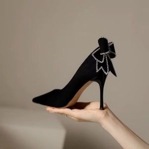 [Free Shipping] New Black Rhinestone Bow High Heels All-Season Pointed-Toe Elegant And Stylish Stiletto Pumps