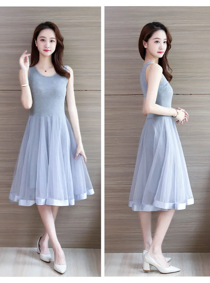 Womens Korean Fashion Summer Mid Length Suspender Dress A Line Casual Gown