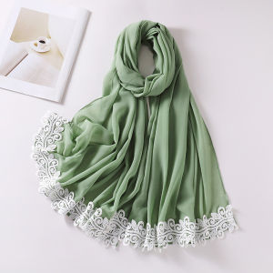 Jifang Fashion Women Plain Bubble Chiffon White Floral Lace Patchwork Muslim Hijabs Shawls Pashmina WJ936