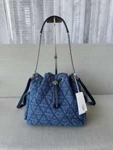 Denim Quilted Drawstring Bucket Bag Genuine Cow Leather Removable Shoulder Strap Multi‑Way Handbag Crossbody Sling Bag