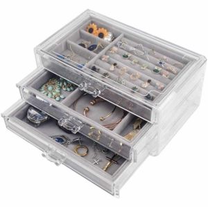 3 Drawers Velvet Jewellery Boxes Acrylic Ring Earring Necklace Bracelet Holder Jewellery Storage Box Transparent