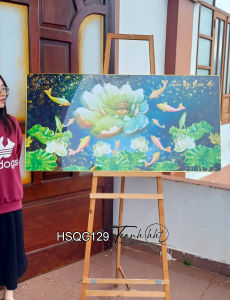 Tranh hoa sen cá chép cá koi hoa sen ngọc ngà tráng gương treo tường HSQC129