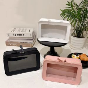 FEELING WELL ปิดซิปคู่ กระเป๋าเครื่องสำอางเดินทาง จุได้มาก หน้าต่างโปร่งใส กระเป๋าแต่งหน้าแบบพกพา แฟชั่นที่ทันสมัย ง่ายต่อการพกพา ที่จัดเก็บผลิตภัณฑ์ดูแลผิว บ้านในบ้าน