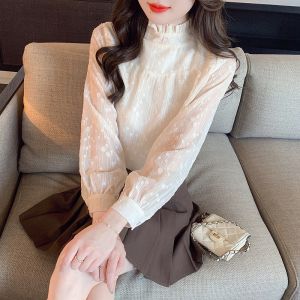 AMMIN เสื้อรอยจีบพองฟูแขนยาวสำหรับผู้หญิงใหม่ฤดูใบไม้ร่วง2024เสื้อชีฟองปักลายดอกไม้เสื้อหรูหราแขนพองหวานสำหรับฉบับภาษาเกาหลี