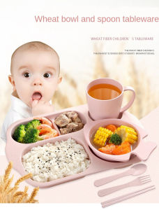 (Drop Resistant)6pcs/set Baby Food Plate Set Toddler Bowl Set with Spoon Fork Training Eating Bowl boy girl Utensil kids Divided Plate Wheat Straw Plastic Dinnerware Sets