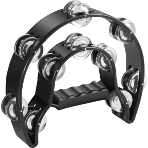 RIXTON Tambourine 10 Inch Metal Half Moon Musical Instruments Double Row Metal Jingles Hand Held Instruments Percussion with Ergonomic Handle Grip Tambourines for Adults Church Black