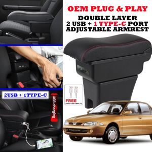 Proton Wira Car OEM Armrest Arm Rest 3 Port Double Layer Storage Organizer Console Box Extender Compartment USB Type C Port