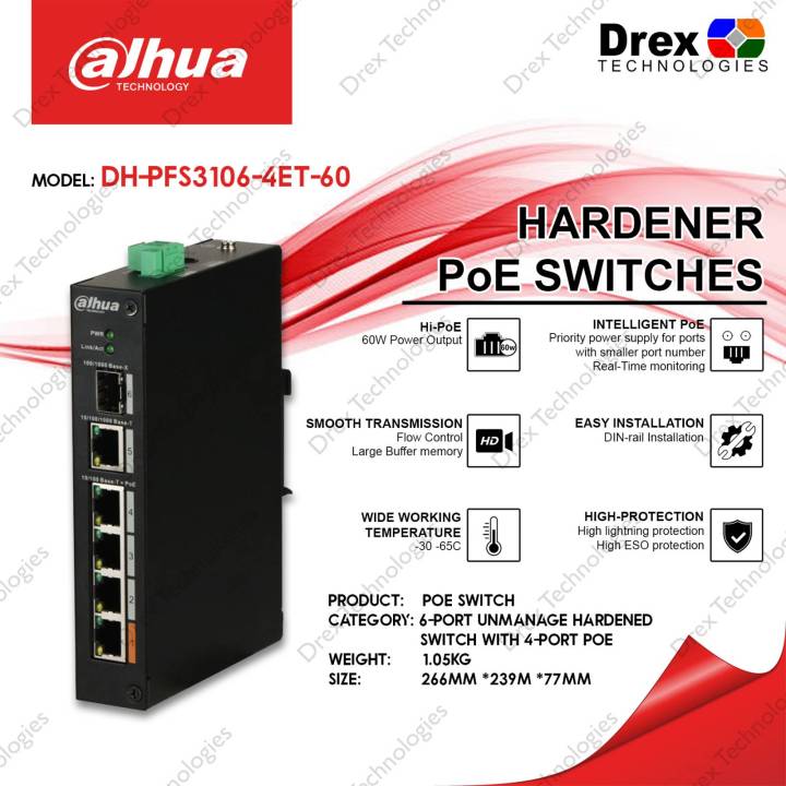 Dahua DH-PFS3106-4ET-60 6-Port Unmanaged Hardened Switch With 4-Port ...