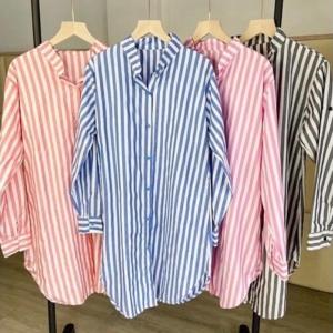 Kemeja Panjang Wanita Motif Salur Stripe Katun Polyrayon