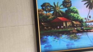 Hiasan Dinding Cetak Gambar Lukisan Pemandangan sungai Orang-orang Perahu Pohon plus bingkai uk:50cm x 100cm