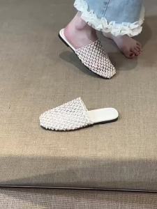 Women Woven Mules Slides Square Cover Toe Hollow Out Breathable Flat Slippers 2026 Summer Casual Outdoor Beach Vacation Shoes2026