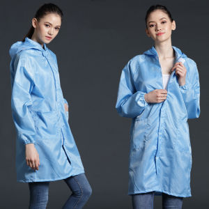 Esd Smock Round Neck with Zip Hooded Design Antistatic Ppe Gown Washable Lab Coat Cleanroom Suit Work Jacket Kerja Baju Bengkel Workwear Coverall Factory Kilang Electronic Uniform Labour Workshop Food Safety Blue White Yellow Pink