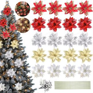 MAOMEI HOUSE 12Pcs Có kẹp Hoa Giáng sinh nhân tạo có thân cây Nhiều màu sắc Đồ trang trí cây Giáng sinh lấp lánh Nhẹ Đa chức năng Hoa giả Giáng sinh Trang trí cây thông Noel