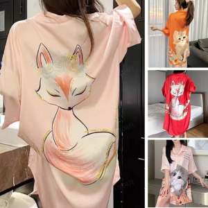 Thin Mid-Length French Shirt Pajama Dress Summer Cartoon Cat Oat Silk Cool Feeling Ladies Nightgown