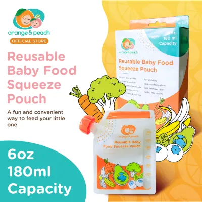 Orange and Peach Reusable Baby Food Squeeze Pouch Food Container Zip Lock with Pouring Spout 10s