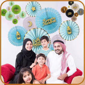 8pcs/set Paper Fan Flowers Eid Mubarak Paper Fan for Eid Mubarak Birthday Party Decoration Supplies
