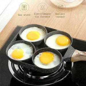 4 Hole Omelet Pan for Burger Egg Ham Pancake Maker Wooden Handle Frying Pot Cook