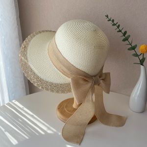 SWEET Portable Straw Weaving Beach Hat Foldable Hollow Out Big Brimmed Woven Cap Folding Sun Cap Cotton Bucket Hat Summer