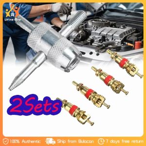 2Set 4 Way Car Bike Tyre Tire Valve Repair Remover Tool+8 Valve Stem Cores for Car Truck Motorcycle