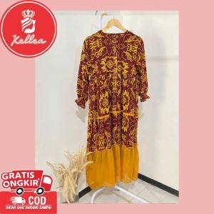 Gamis Ceruty Babydoll Lebaran Kondangan Motif Batik Furing Fashion Muslim Terbaru Bahan Tebal Adem Lembut Kancing Depan Aktif Lengan Panjang Karet - XELLEA