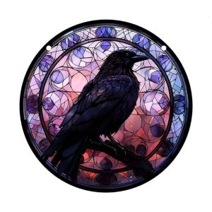 Stained Glass Window HangingRavens Suncatchers Colorful Glass Panel Wall Art Decors for BalconiesYardWall Garden