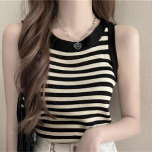 MillionGrid Mùa hè Hàn Quốc sọc dệt kim Tank Top Phụ Nữ Vòng cổ không tay mỏng yếm trong