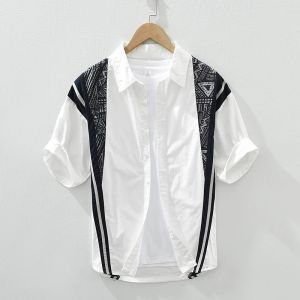 100% Cotton Man Shirt Summer Male Patchwork Turn Down Collar Short Sleeve Casual Male Clothing Streetwear Men Shirts