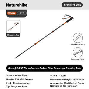 Naturehike Trekking Pole Lightweight Hiking Trekking Pole Carbon Fiber Pole Outdoor 3-section Telescopic Walking Sticks Men Women