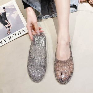 [Free Shipping] Flat-Heeled WomenS Mules With Closed Toe Transparent Crystal Jelly Hollowed-Out Non-Slip Plastic Outdoor Summer Sandals
