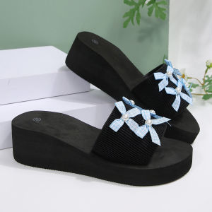 [Free Shipping] 2026 New Round-Toe Bowknot Platform Sandals WomenS Wedge-Heeled Flip-Flops Floral And Sweet-Style Slippers