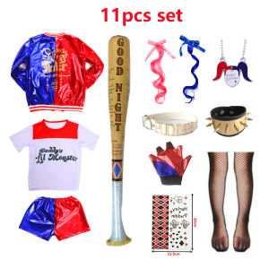 《302》Harley Quinn Costume for Kids Girls Cosplay Suicide Squad Halloween Joker Jacket T-shirt Shorts All Accessory Set