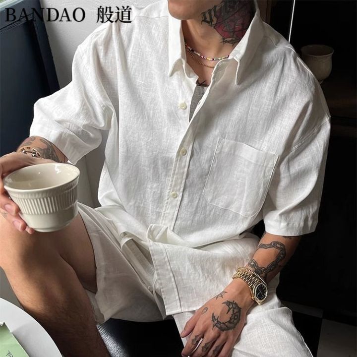 Summer thin linen fabric retro vintage vintage style short sleeved shirt  for men with a sense of luxury