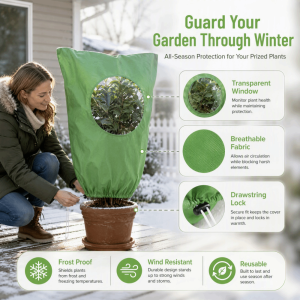 538TD Breathable Plant Frost Protection Cover with Transparent Window Non-Woven Fabric Plant Anti-Freeze Cover Frost Cloth Cold Resistant Winter Warm Keeping Bag Outdoor
