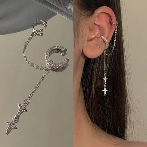 Shiny Silver Crystal Tassel Non-Piercing Cuff Ear Clip Earring for Women Rhinestone Star Cartilage Piercing Jewelry Personality Earclip