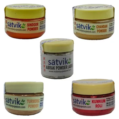 Satvik Set of Different Puja (Prayer) Powders25g each- Haldi (Turmeric Powder) Chandan Kumkum Roli Sindoor Abrak (50gm) For Prayer