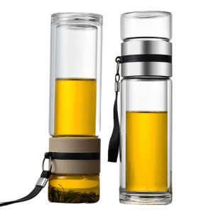 Bình Pha Trà Thủy Tinh 450ml 2 Lớp Chịu Nhiệt Lõi Lọc Inox 304 Kèm Quai Xách Tiện Lợi Kích Thước 26cm x 7cm