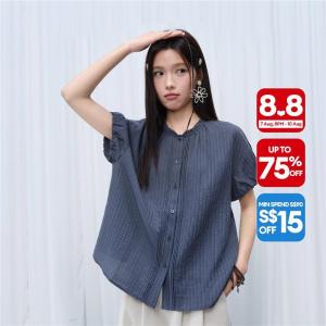 Giordano Women Striped ruffle neck lantern sleeve blouse Free Shipping 18346318