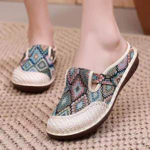 2023 New Summer Ethnic Style Old Beijing Cloth Shoes Closed-Toe Slippers Breathable Womens Shoes Linen Half-Slip Hanfu Shoes Hot